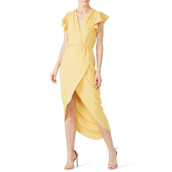 Amanda Uprichard Martinique Faux Wrap Midi Dress Flutter Sleeve Yellow Size 2X - Picture 1 of 11